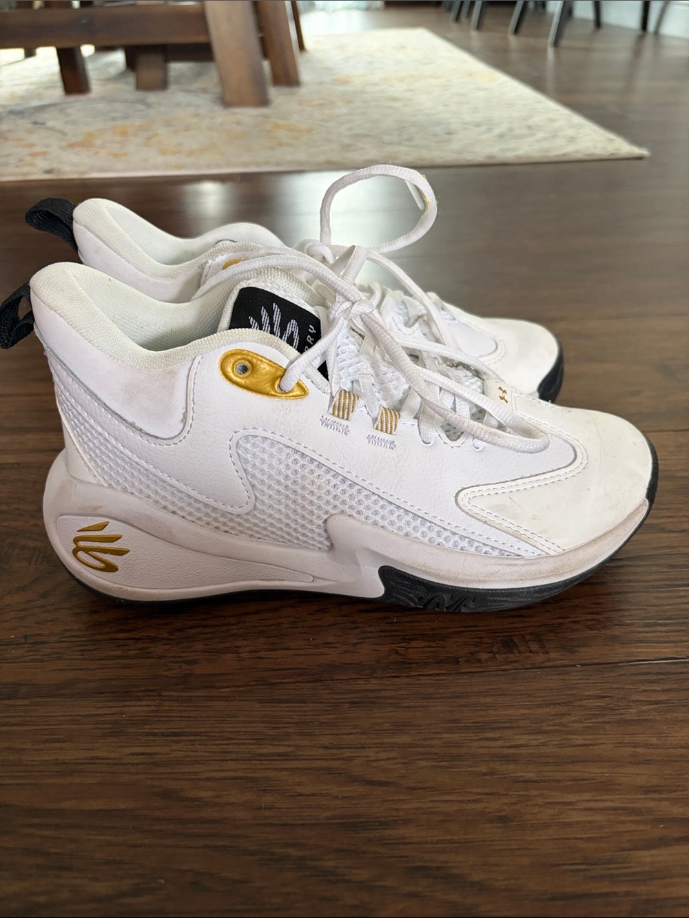 Steph Curry Under Armour White and Gold Kids Basketball Sneakers